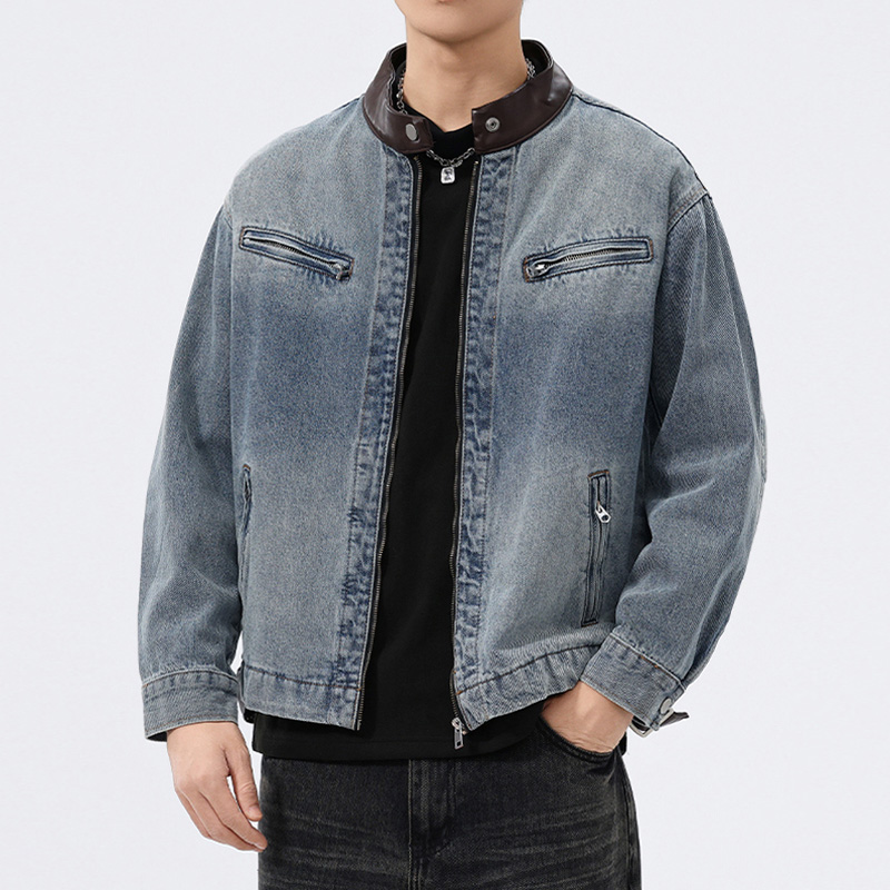 Leather Work Jacket - เสื้อแจ็คเก็ตยีนส์คอปกหนังผู้ชาย แฟชั่นวินเทจ ทรงหลวม สไตล์ลำลอง ผ้าฝ้ายฟอก เสื้อแจ็คเก็ตมอเตอร์ไซค์ชาย