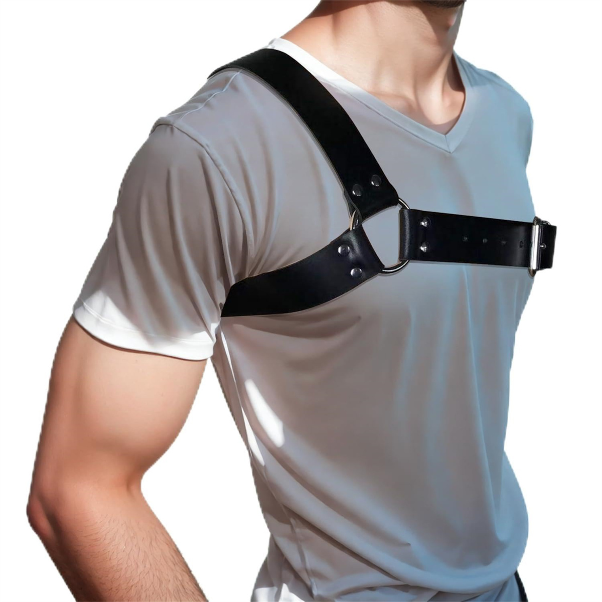 Leather Work Harness - สายรัดหนังสไตล์โกธิคสำหรับผู้ชาย สายรัดไหล่เดี่ยวสีดำ - สายรัดหน้าอกแบบพังก์ปรับได้สำหรับชุดโกธิค