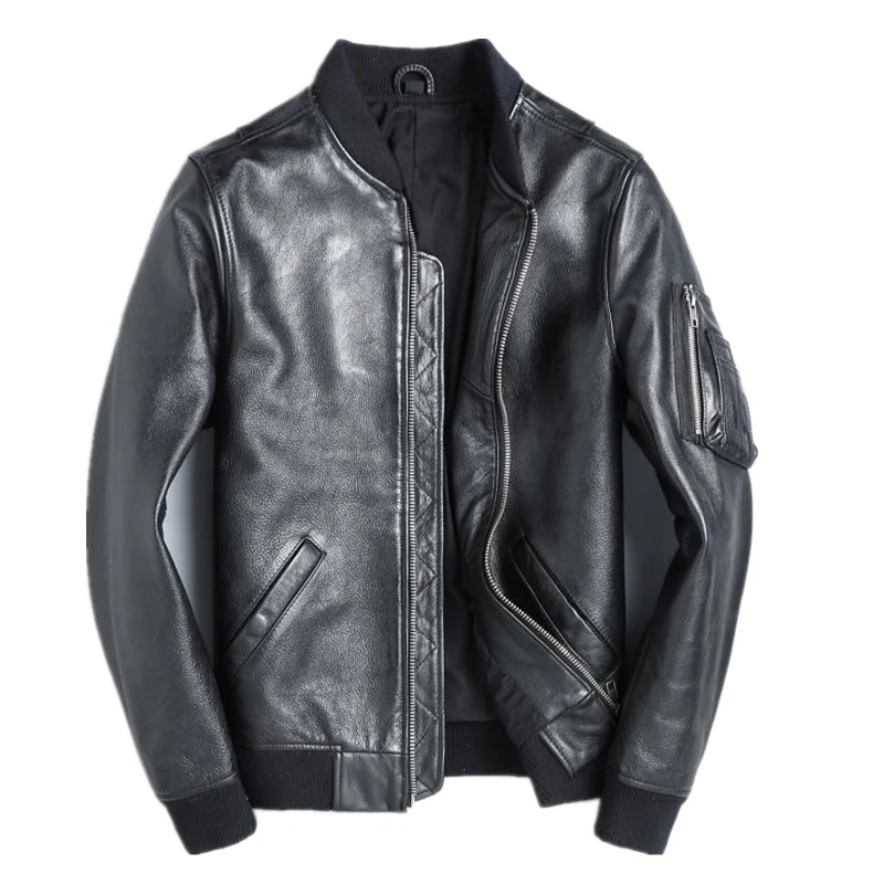 Leather Work Jacket - ปี!จัดส่งฟรีขายส่งยี่ห้อใหม่คลาสสิก Ma-1 AIR FORCE เสื้อหนังคุณภาพสีดํา BOMBER