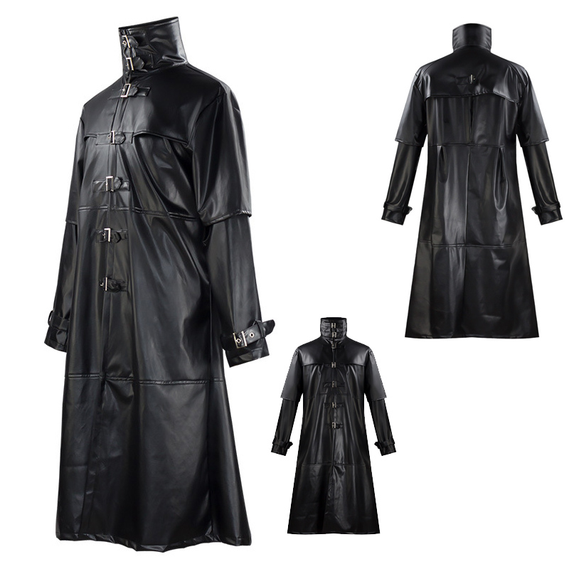 Leather Work Jacket - ชุดคอสเพลย์หมอโรคระบาดสำหรับผู้ชาย เสื้อโค้ทหนัง PU ยาวสไตล์วินเทจยุคกลาง พร้อมกระดุมแป๊ก สไตล์กอธิคสตีมพังค์