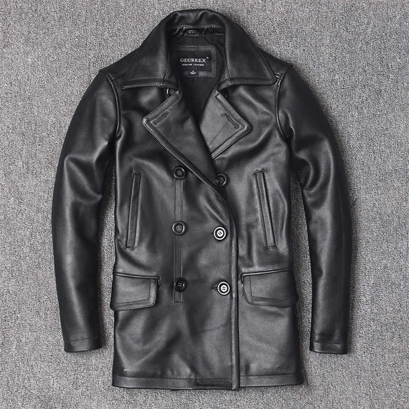 Leather Work Jacket - เสื้อแจ็คเก็ตหนังวัวเสื้อสำหรับผู้ชายชั้นความยาวปานกลางของผู้ชายเสื้อกันลมเข้ารูปเสื้อแจ็คเก็ตกระดุมสองแถว