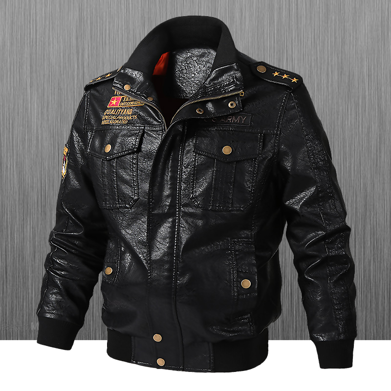 Leather Work Jacket - แจ็คเก็ตหนังทรงสลิมฟิตสำหรับผู้ชาย คอตั้งลำลอง ไซส์ใหญ่ เสื้อคลุมมอเตอร์ไซค์ แฟชั่นฤดูใบไม้ผลิและฤดูใบไม้ร่วง