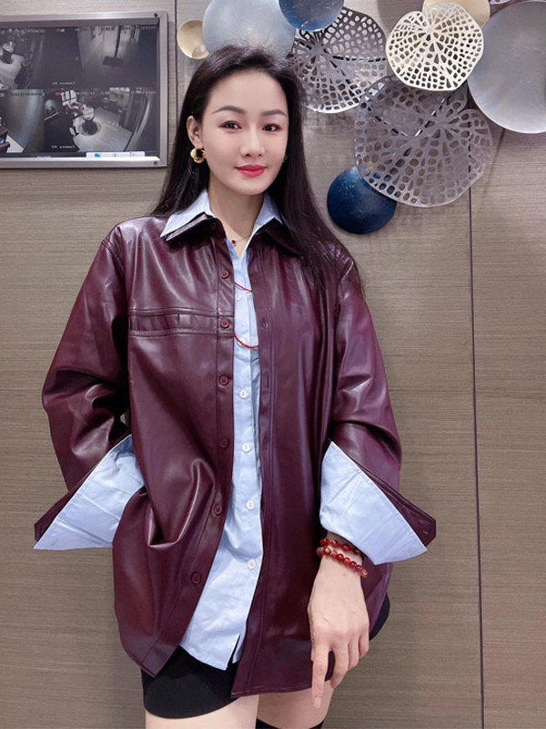 Leather Work Jacket - เสื้อแจ็คเก็ตหนัง PU สีม่วงองุ่นสำหรับผู้หญิง พร้อมเสื้อเชิ้ตสีน้ำเงิน ชุดสองชิ้น สไตล์ใหม่สำหรับฤดูใบไม้ผลิและฤดูใบไม้ร่วง