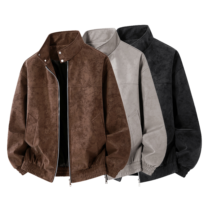 Leather Work Jacket - เสื้อแจ็คเก็ตหนังผู้ชายคอตั้งสไตล์สตรีท ลายมัดย้อม ขายดีในฤดูใบไม้ผลิ ฤดูใบไม้ร่วง ฤดูหนาว กันลม