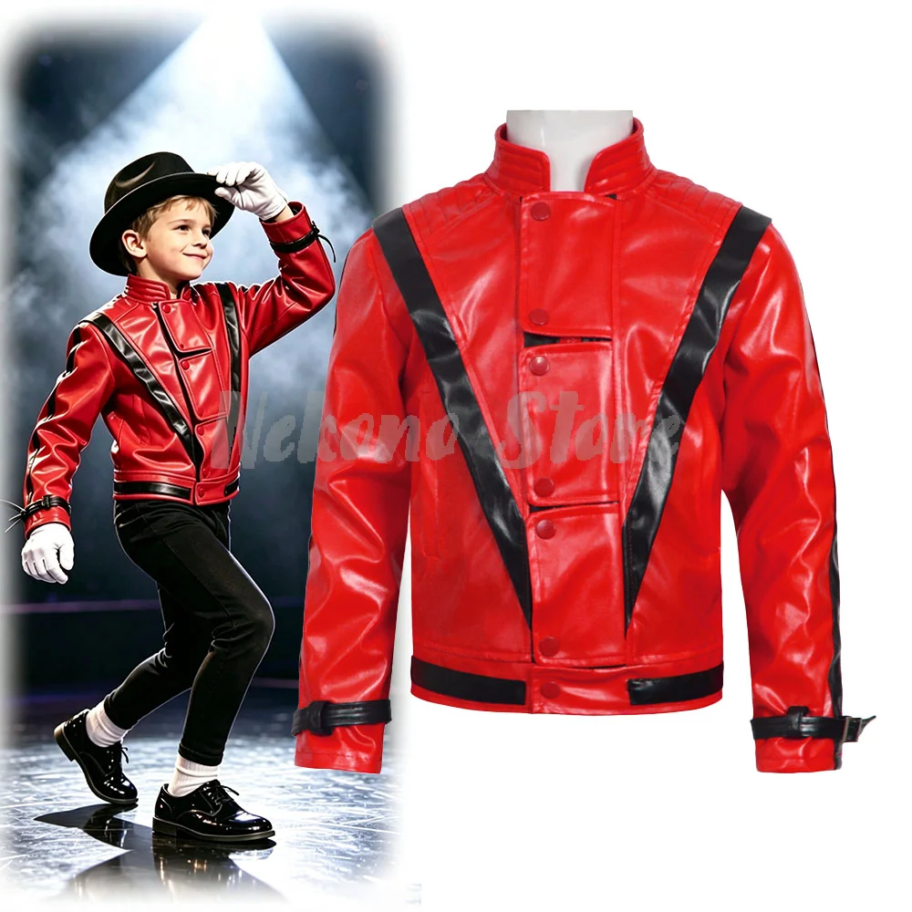 Leather Work Jacket - เสื้อแจ็คเก็ตหนังสีแดงสไตล์ไมเคิล แจ็คสัน สำหรับผู้หญิง ผู้ชาย และวัยรุ่น ชุดฮาโลวีนแนวเรโทร
