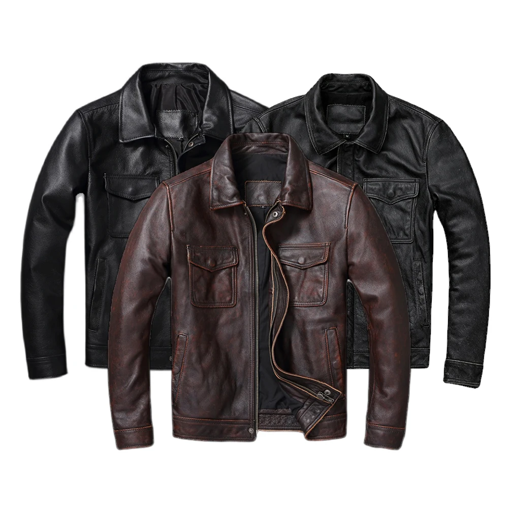 Leather Work Jacket - แจ็กเก็ตหนังแท้สีน้ำตาลแดงวินเทจสำหรับผู้ชายเสื้อโค้ทหนังวัวแจ็คเก็ตหนังธรรมชาติสำหรับผู้ชายเสื้อแจ็คเก็ตหนังสำหรับฤดูใบไม้ร่วง