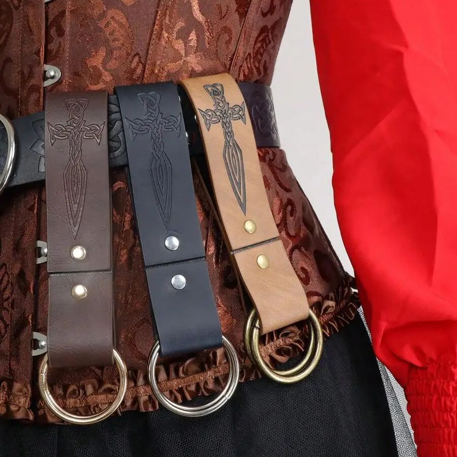 Leatherwork Rings - ผู้หญิงยุคกลางเดินป่าจีบกระโปรงหนังโลหะคู่วงกลมหัวเข็มขัด Rustic เสื้อผ้าอุปกรณ์เสริมกลางแจ้ง