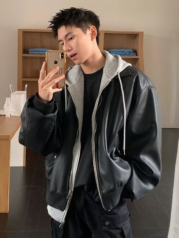 Leather Work Jacket - เสื้อแจ็คเก็ตหนัง PU แบบมีฮู้ดสำหรับผู้ชาย สไตล์สองชิ้นปลอม แฟชั่นคู่รัก เทรนด์ฤดูใบไม้ผลิ