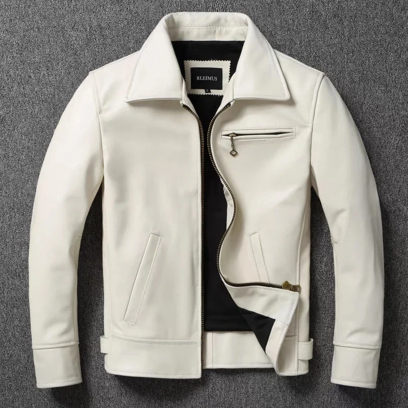 Leather Work Jacket - แจ็กเก็ตหนังแท้สำหรับผู้ชาย, แจ็คเก็ตหนังวัวมีปกสีขาวเสื้อโค้ทหนังวัวธรรมชาติทรงสลิมฟิตแจ็คเก็ตนักขี่จักรยานหนังวัวชั้นบนสุด