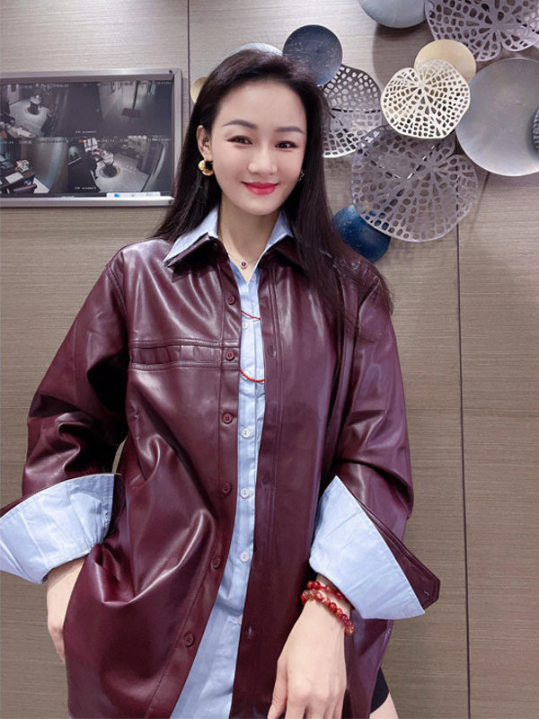 เสื้อแจ็คเก็ตหนัง PU สีม่วงองุ - Leather Work Jacket บทวิจารณ์และราคา