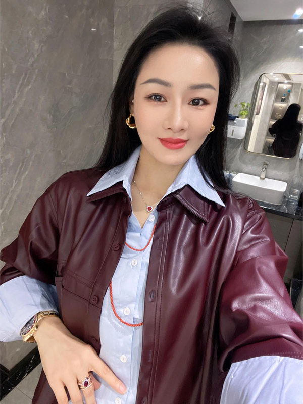 เสื้อแจ็คเก็ตหนัง PU สีม่วงองุ - Leather Work Jacket บทวิจารณ์และราคา