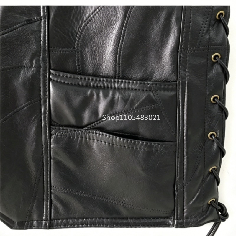 เสื้อกั๊กหนังผู้ชายสีดำแบบปะติ - Leather Work Jacket บทวิจารณ์และราคา