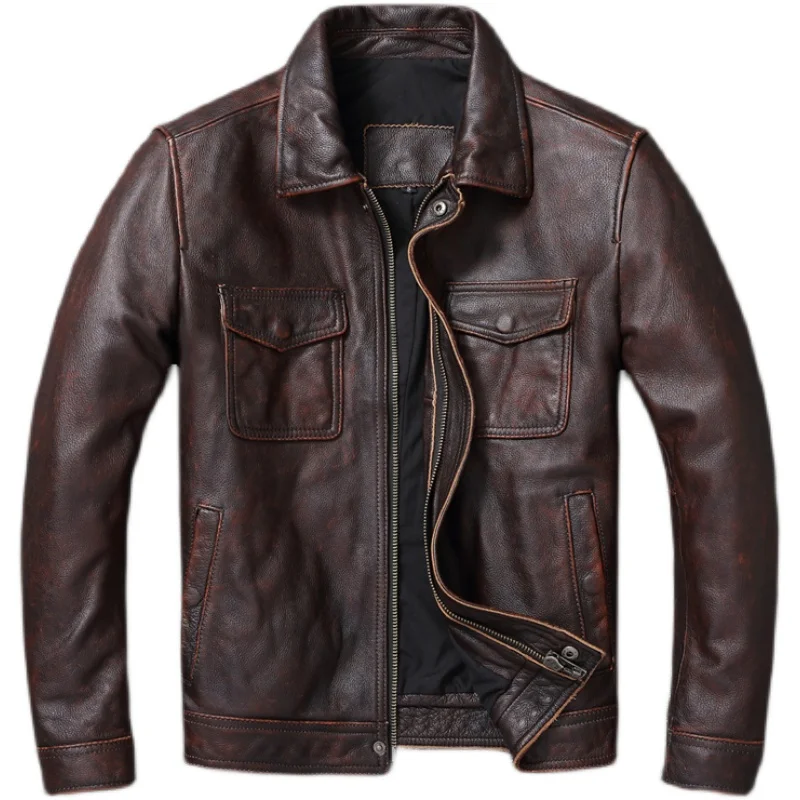 แจ็กเก็ตหนังแท้สีน้ำตาลแดงวินเ - Leather Work Jacket บทวิจารณ์และราคา