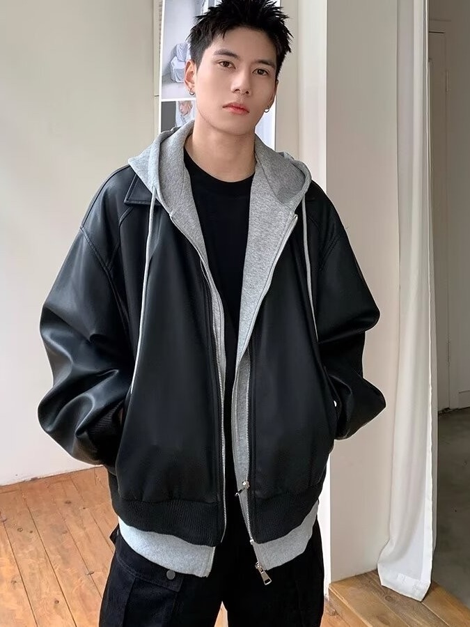 เสื้อแจ็คเก็ตหนัง PU แบบมีฮู้ด - Leather Work Jacket บทวิจารณ์และราคา
