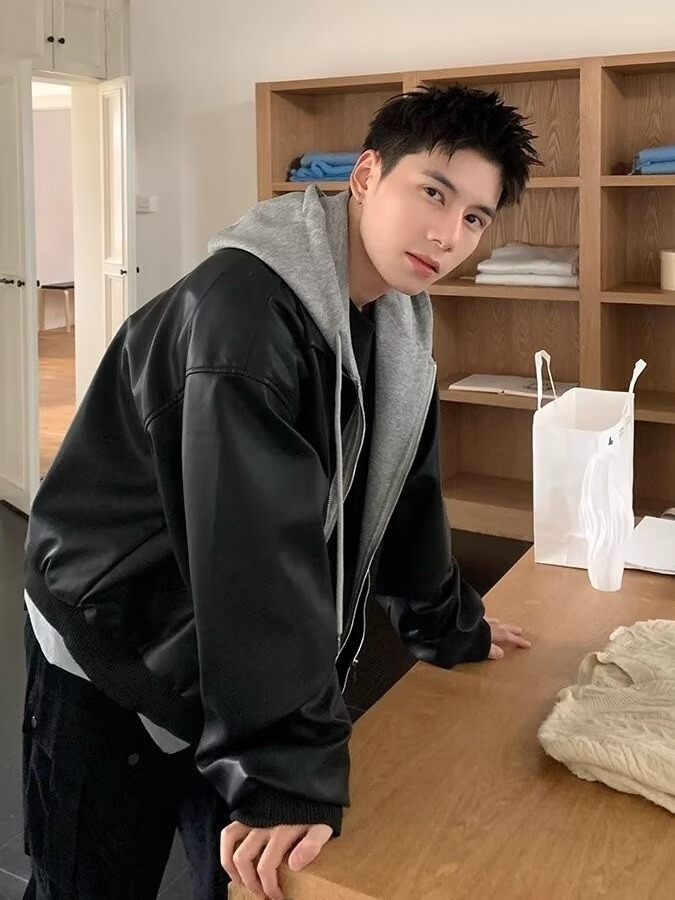 เสื้อแจ็คเก็ตหนัง PU แบบมีฮู้ด - Leather Work Jacket บทวิจารณ์และราคา