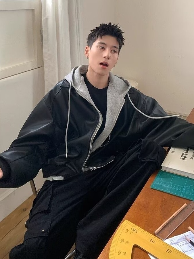 เสื้อแจ็คเก็ตหนัง PU แบบมีฮู้ด - Leather Work Jacket บทวิจารณ์และราคา